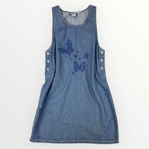 Vintage Beth & Me Womens Denim Jumper Dress Butterfly Cottagecore Sleeveless Y2K
